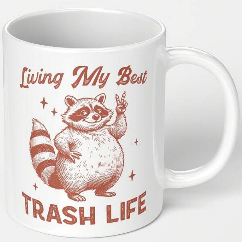 Tailorly White Ceramic 11 oz Mug - Living My Best Trash Life Chubby Character Showing Peace Sign Among Small Twinkling Red Stars Raccoon