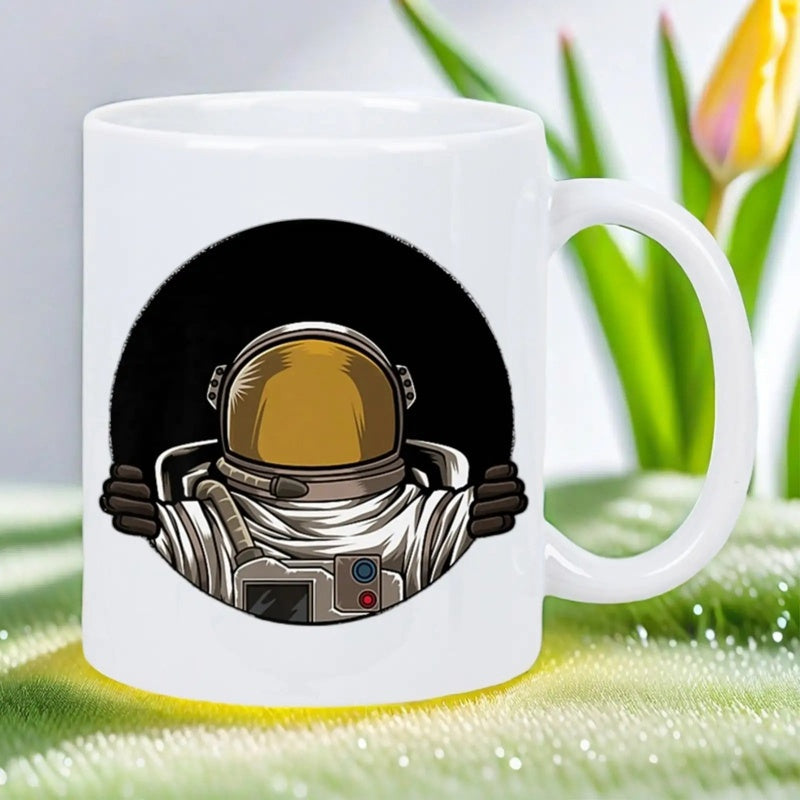 Tailorly White Ceramic 11 oz Mug - Brave Space Traveler Peering Through A Dark Circular Galactic Porthole Astronaut