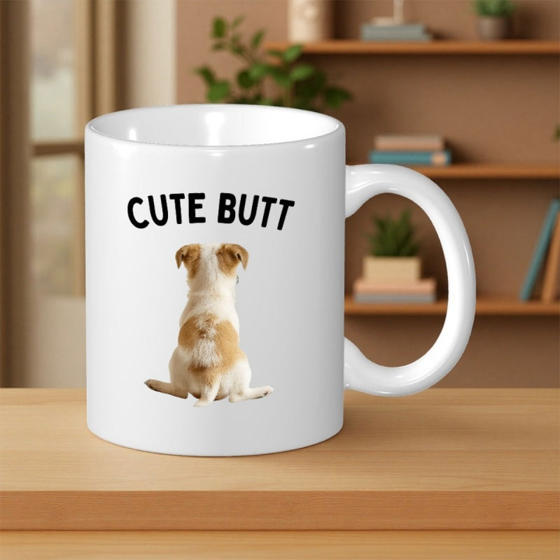 Tailorly White Ceramic 11 oz Mug - Cute Butt Adorable Small Sitting Brown And White Puppy Viewed From Behind Dog