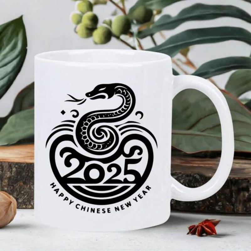 Tailorly White Ceramic 11 oz Mug - Happy Chinese New Year 2025 Elegant Tribal Swirl Patterns Featuring A Coiled Serpent Design Snake