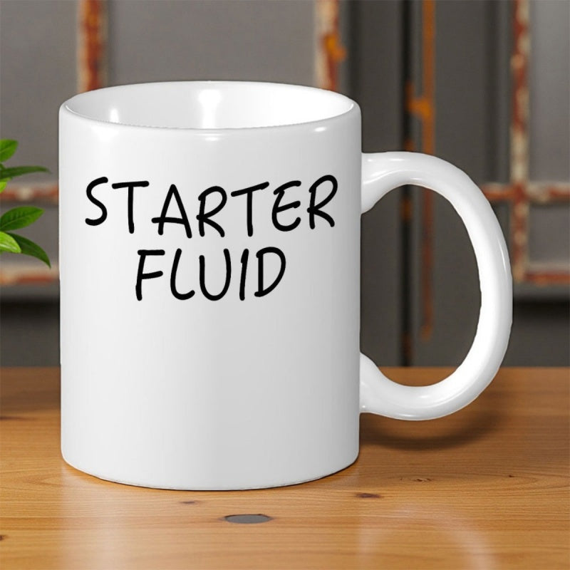 Tailorly White Ceramic 11 oz Mug - Starter Fluid Minimalist White Ceramic Cup With Simple Handwritten Style Black Typography Mug