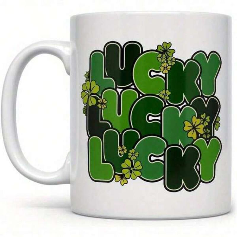 Tailorly White Ceramic 11 oz Mug - Lucky Vibrant Green Retro Bubble Letters Surrounded By Small Shamrock Clover