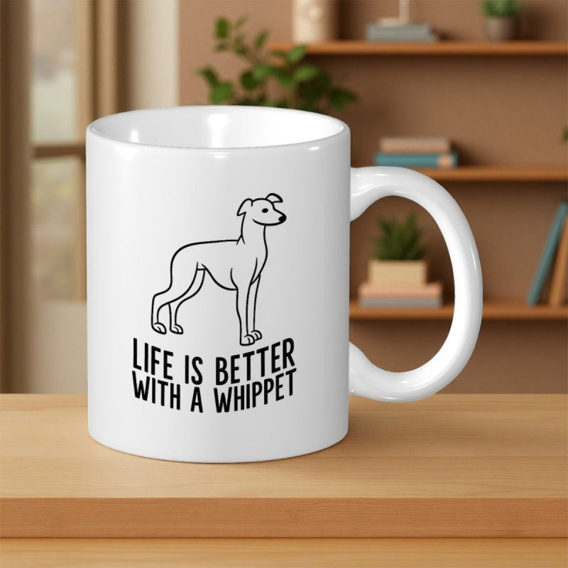 Tailorly White Ceramic 11 oz Mug - Life Is Better With A Whippet Minimalist Black Line Drawing Of A Slender Graceful Standing Dog Whippet