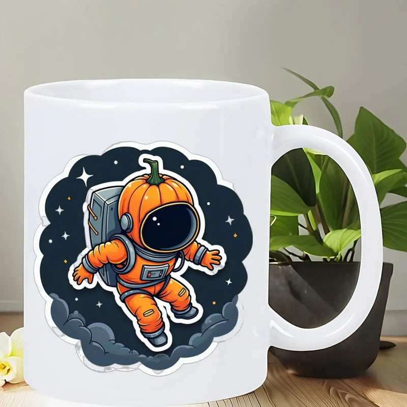 Tailorly White Ceramic 11 oz Mug - Orange Pumpkin Head Floating Through Dark Cosmic Space Among Twinkling Stars Astronaut