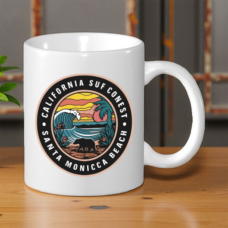 Tailorly White Ceramic 11 oz Mug - California Surf Contest Santa Monica Beach Rolling Ocean Wave Under Golden Sunset With Palm Trees And Bear Seal