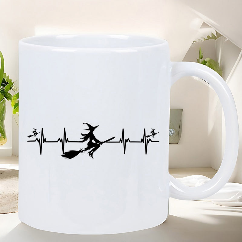 Tailorly White Ceramic 11 oz Mug - Flying Silhouette Riding A Broomstick Over A Continuous Rhythmic Heartbeat Line Witch