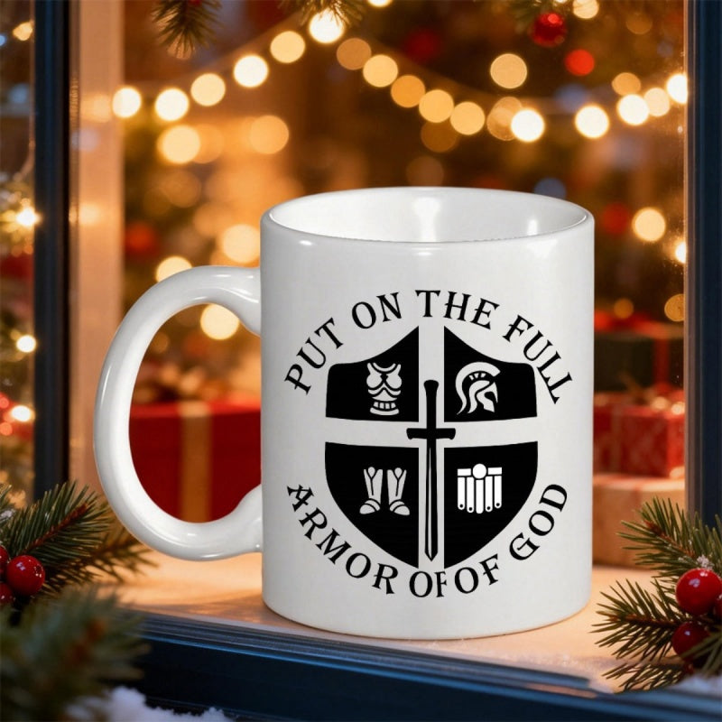 Tailorly White Ceramic 11 oz Mug - Put On The Full Armor Of God Bold Knight Armor Icons Placed Inside A Segmented Heraldic Protective Shield