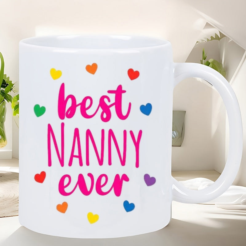 Tailorly White Ceramic 11 oz Mug - Best Nanny Ever Vibrant Multicolored Hearts Arranged In A Playful Circular Pattern Design Heart