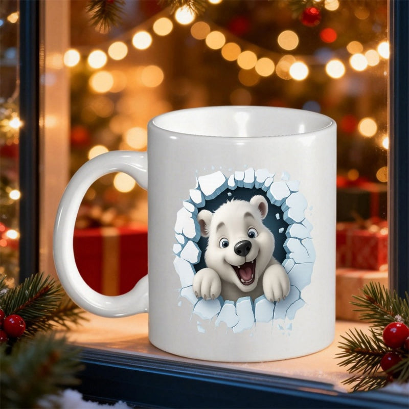 Tailorly White Ceramic 11 oz Mug - Cheerful Peeking White Animal Emerging From A Cracked Blue Winter Ice Polar Bear