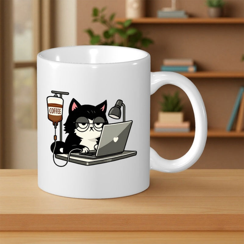 Tailorly White Ceramic 11 oz Mug - Coffee Tired Cartoon Tuxedo Kitten Working On Laptop Using IV Drip Cat