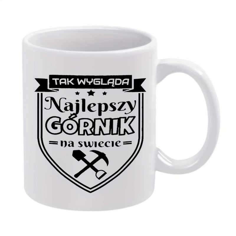 Tailorly White Ceramic 11 oz Mug - Classic Heraldic Badge Featuring Crossed Shovel And Pickaxe With Three Stars Shield