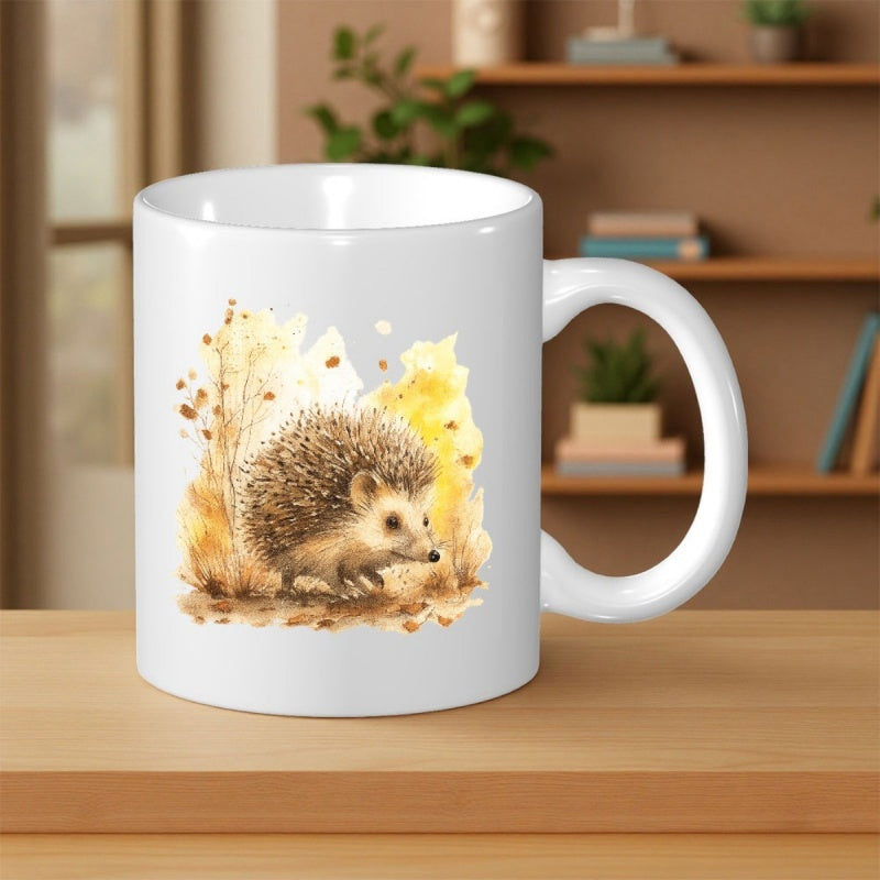 Tailorly White Ceramic 11 oz Mug - Cute Watercolor Style Forest Creature Walking Among Golden Autumn Leaves Hedgehog