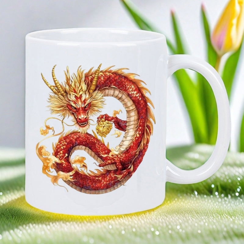 Tailorly White Ceramic 11 oz Mug - Majestic Coiled Red Oriental Dragon With Golden Scales Holding Sacred Pearl Dragon