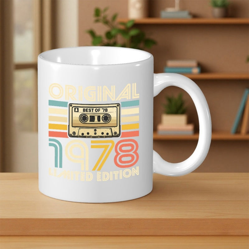 Tailorly White Ceramic 11 oz Mug - Original Best Of 1978 Limited Edition Classic Vintage Aesthetic Cassette Tape With Colorful Retro Horizontal Sunset Stripes