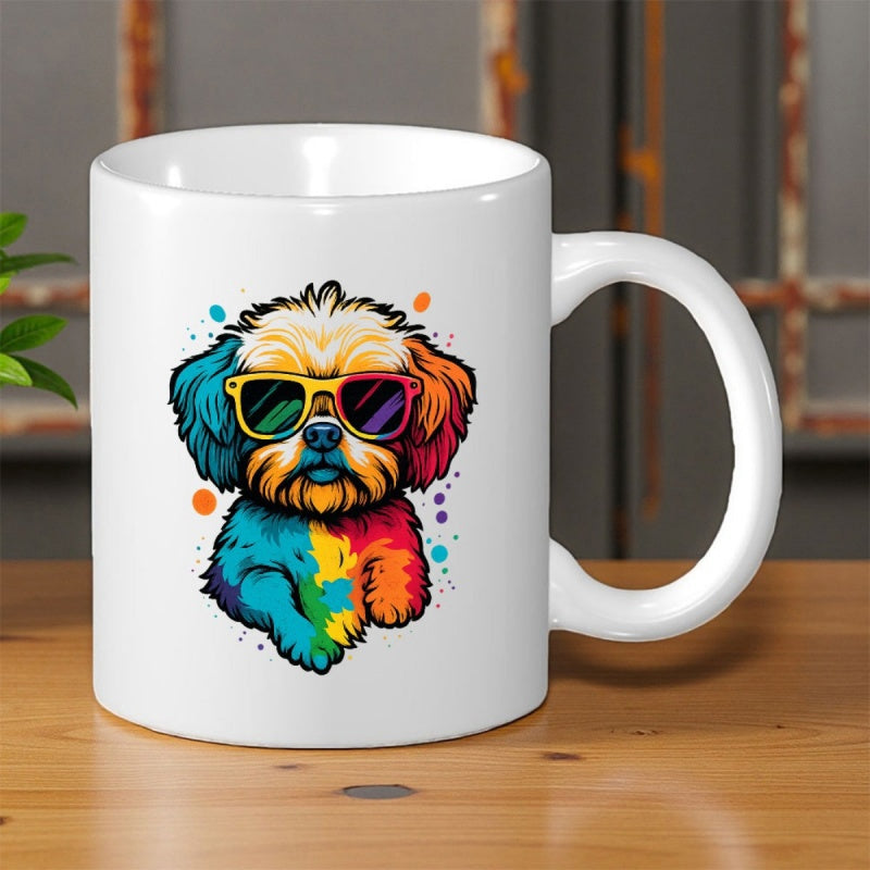 Tailorly White Ceramic 11 oz Mug - Colorful Vibrant Puppy Wearing Sunglasses Amidst Playful Polka Dots Dog