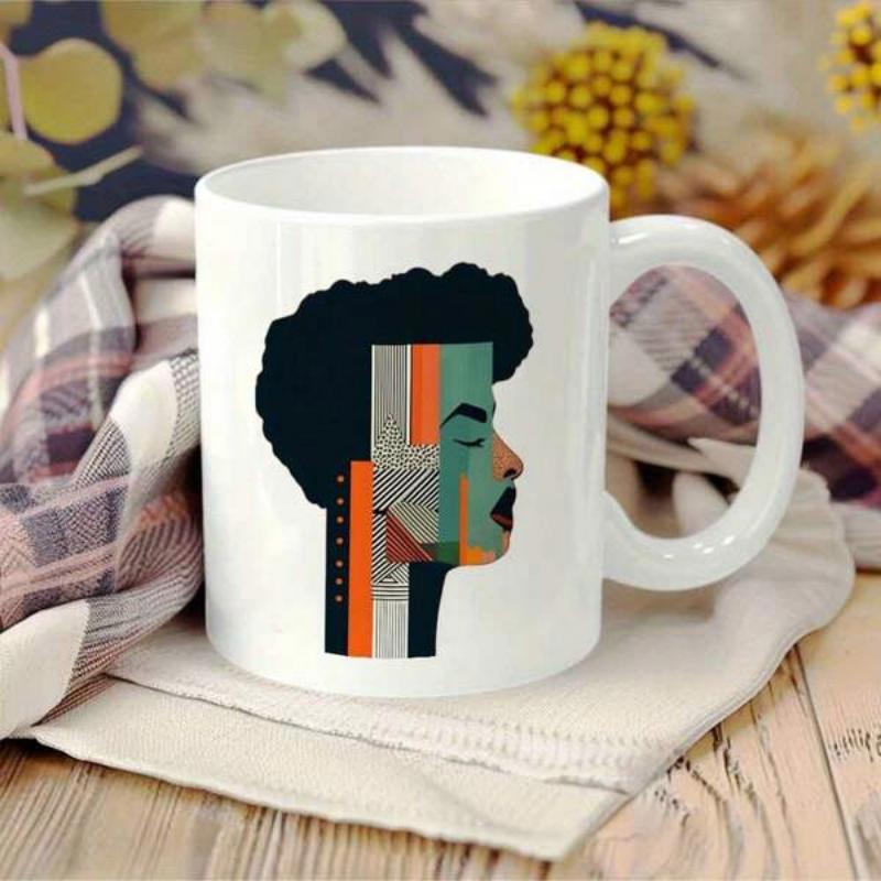 Tailorly White Ceramic 11 oz Mug - Abstract Geometric Profile Silhouette Of A Woman With Textured Afro Hair Portrait