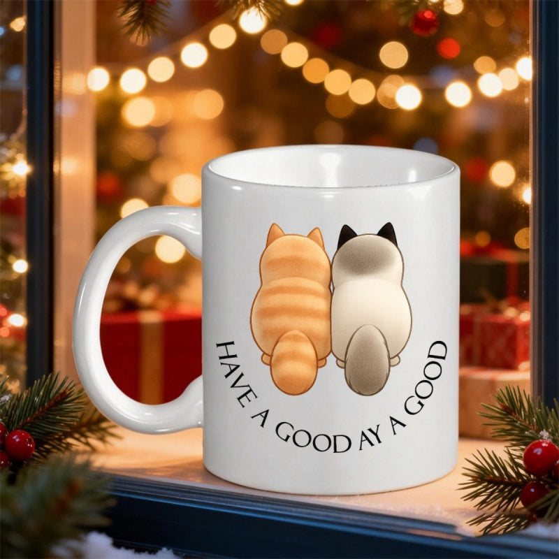 Tailorly White Ceramic 11 oz Mug - Have A Good Two Adorable Fluffy Cartoon Kittens Sitting Side By Side Under Soft Light Cat