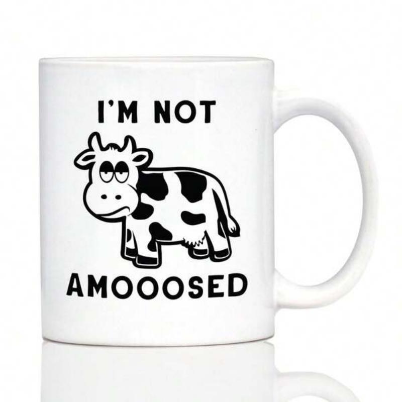 Tailorly White Ceramic 11 oz Mug - Im Not Amooosed Simple Cartoon Illustration Of A Grumpy Spotted Farm Cow