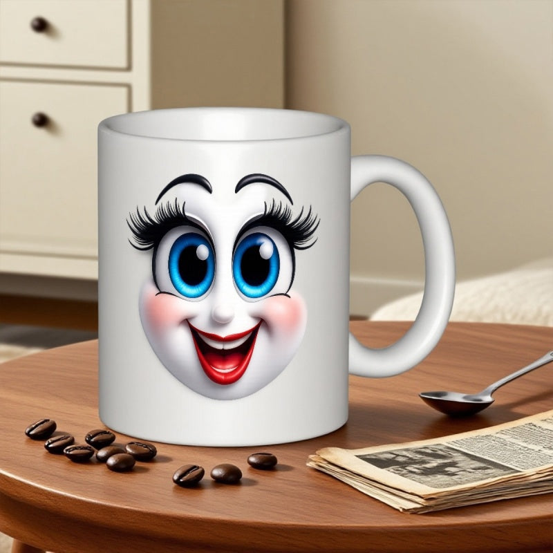 Tailorly White Ceramic 11 oz Mug - Whimsical Expressive Cartoon Character Design With Large Vibrant Blue Eyes Face