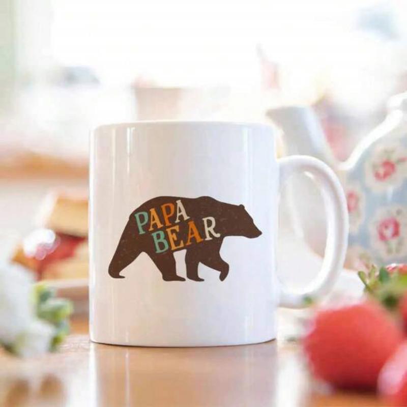 Tailorly White Ceramic 11 oz Mug - Papa Bear Rustic Silhouette Of A Forest Animal Walking With Colorful Vintage Lettering Bear
