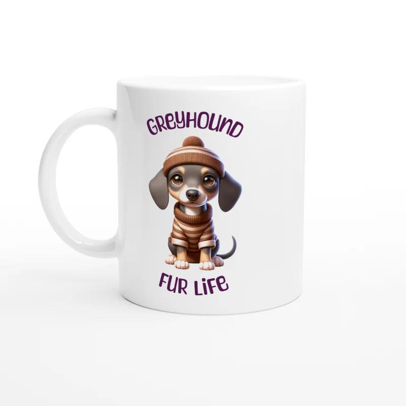 Tailorly White Ceramic 11 oz Mug - Greyhound Fur Life Cute Cartoon Puppy Wearing Brown Beanie And Striped Winter Sweater Dog