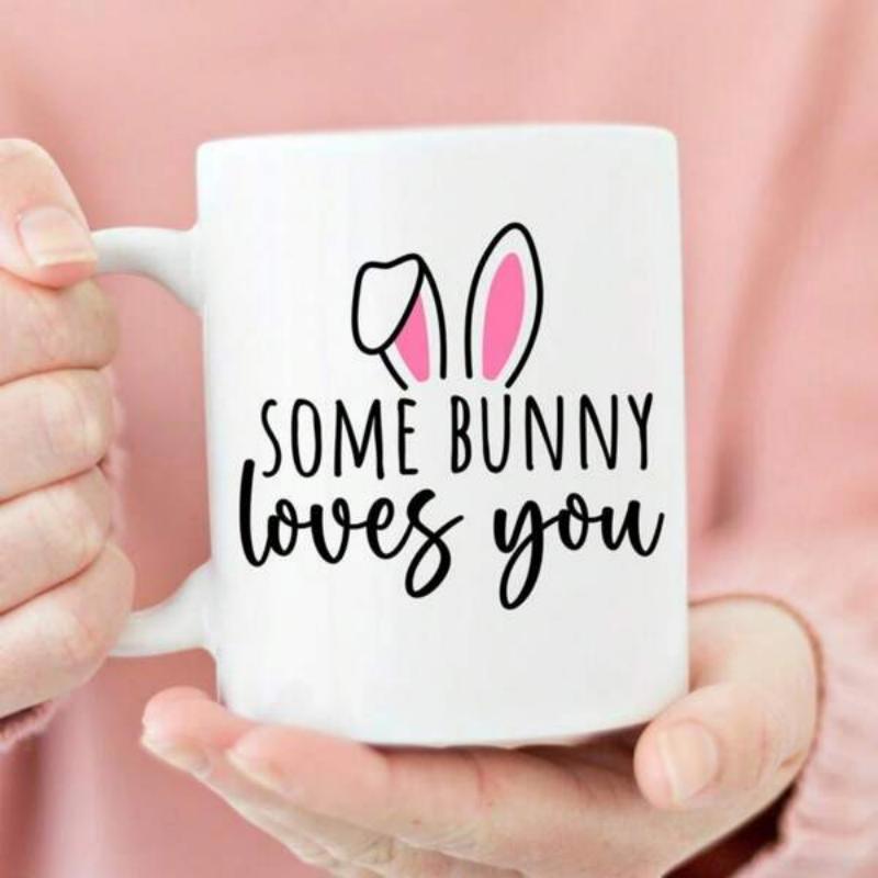 Tailorly White Ceramic 11 oz Mug - Some Bunny Loves You Minimalist Design With Cute Pink Ears And Script Text Bunny