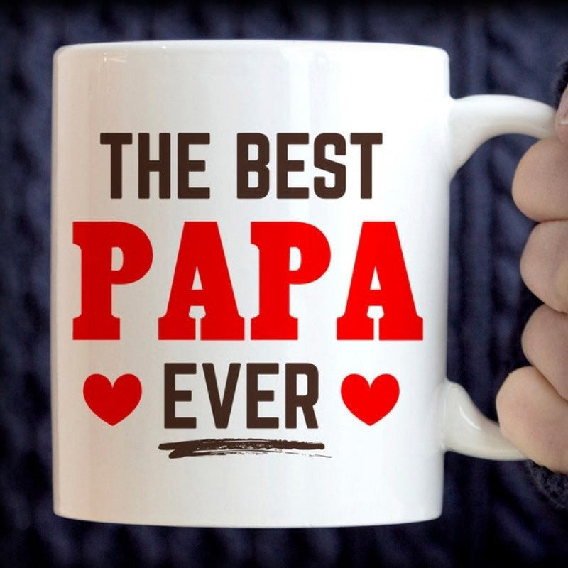 Tailorly White Ceramic 11 oz Mug - The Best Papa Ever Bold Red Letters Surrounded By Two Small Symmetrical Red Hearts