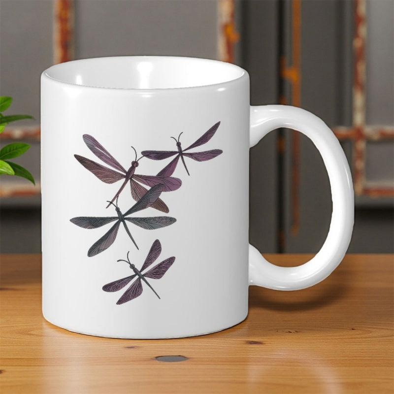 Tailorly White Ceramic 11 oz Mug - Graceful Fluttering Insects In Dark Tones Flying Across White Surface Dragonfly