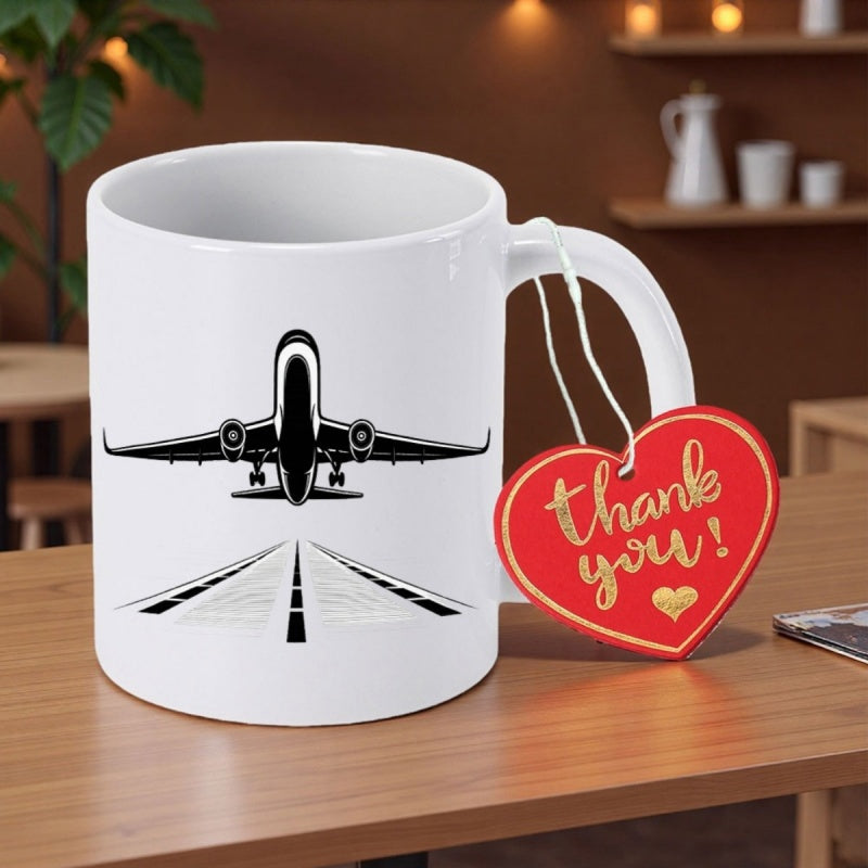 Tailorly White Ceramic 11 oz Mug - Thank You Minimalist Black Silhouette Of A Commercial Jet Taking Off From Runway Airplane