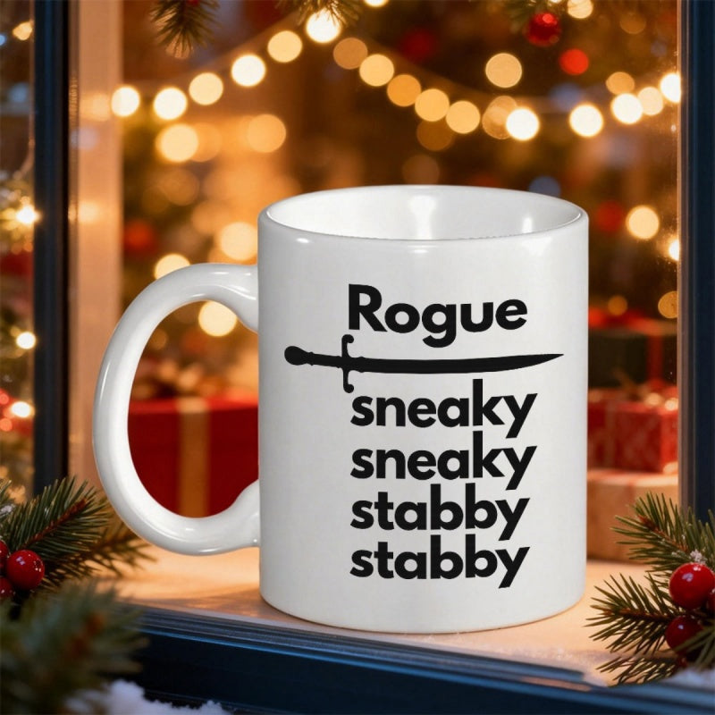 Tailorly White Ceramic 11 oz Mug - Rogue Sneaky Sneaky Stabby Stabby Minimalist Black Silhouette Weapon Centered Among Bold Descriptive Gaming Sword