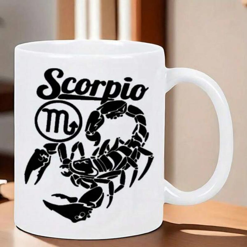Tailorly White Ceramic 11 oz Mug - Scorpio Detailed Artistic Black Silhouette With Bold Script Font And Zodiac Symbol Scorpion