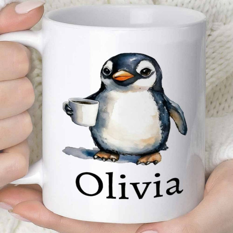 Tailorly White Ceramic 11 oz Mug - Olivia Adorable Watercolor Style Bird Holding A Tiny Coffee Cup Penguin