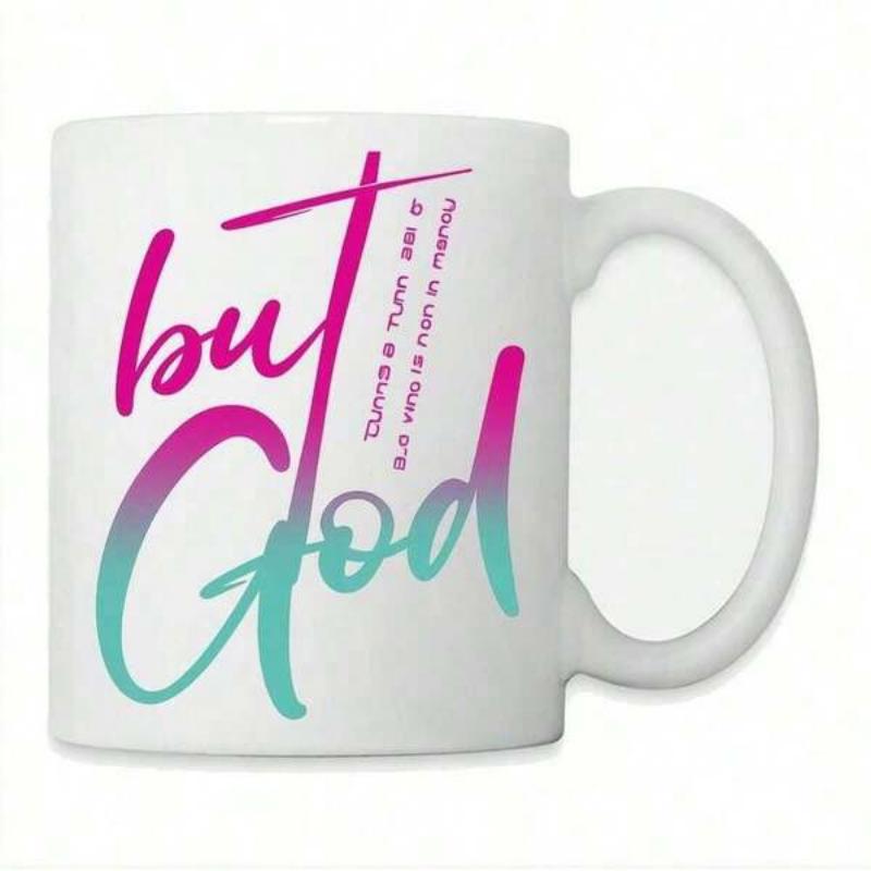 Tailorly White Ceramic 11 oz Mug - But God Pink And Teal Gradient Stylized Script Lettering Design Mug