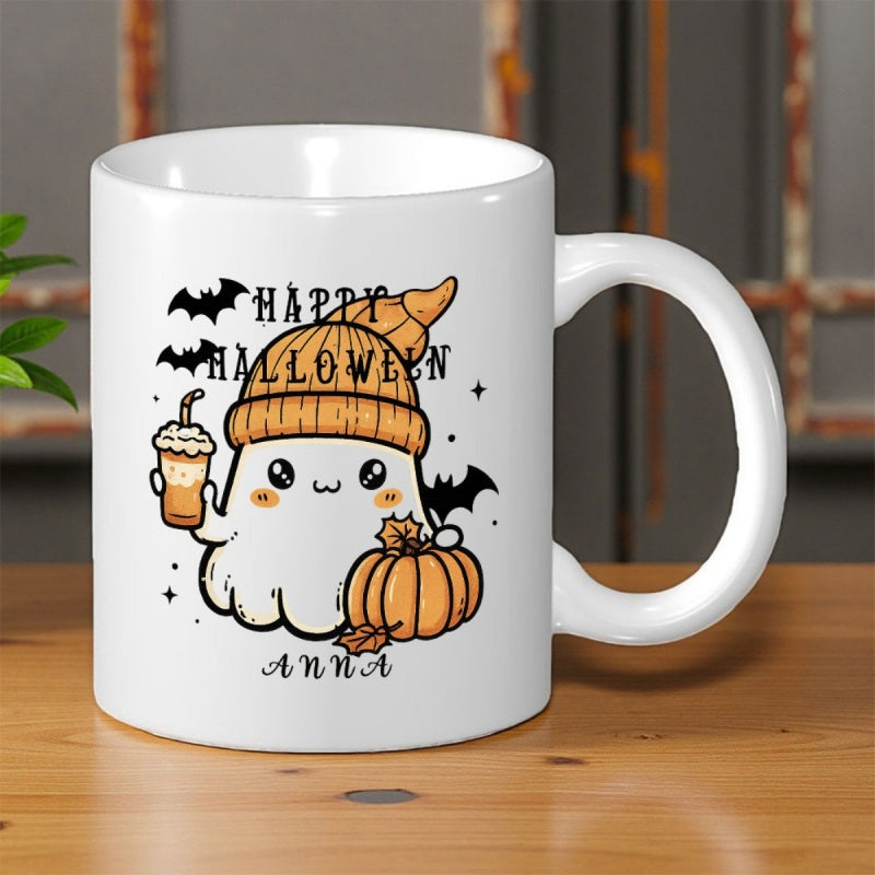Tailorly White Ceramic 11 oz Mug - Happy Halloween Anna Adorable Tiny Spirit Wearing Cozy Beanie Beside Rustic Seasonal Harvest Pumpkin Ghost