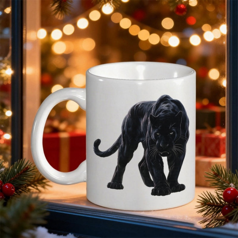 Tailorly White Ceramic 11 oz Mug - Sleek And Powerful Black Panther Walking Forward With Intense Glowing Eyes Panther