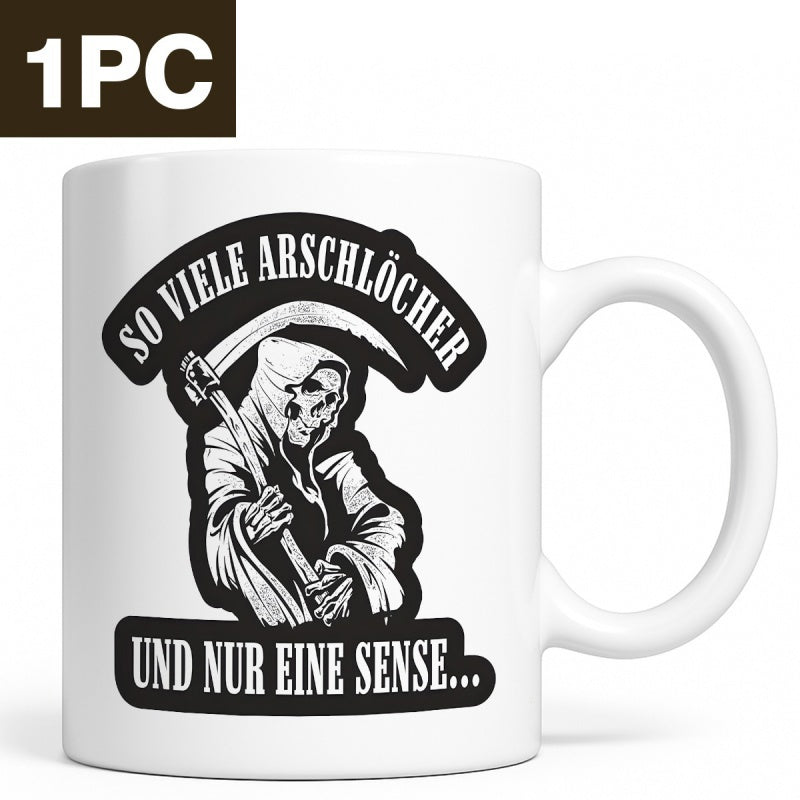 Tailorly White Ceramic 11 oz Mug - Dark Cloaked Figure Holding Sharp Scythe Within Ornamental Black Frame Grim Reaper