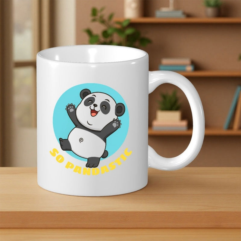 Tailorly White Ceramic 11 oz Mug - So Pandastic Cheerful Dancing Bear Character Inside A Bright Blue Circular Frame Panda