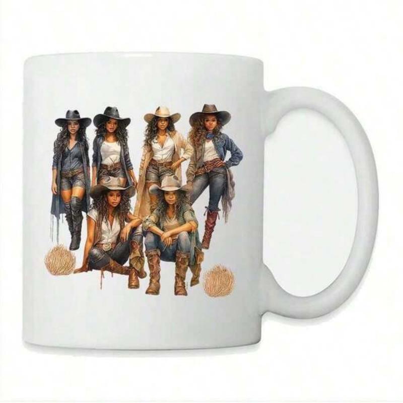 Tailorly White Ceramic 11 oz Mug - Stylish Group Of Women Wearing Western Denim Outfits And Classic Cowboy Hats Cowgirls