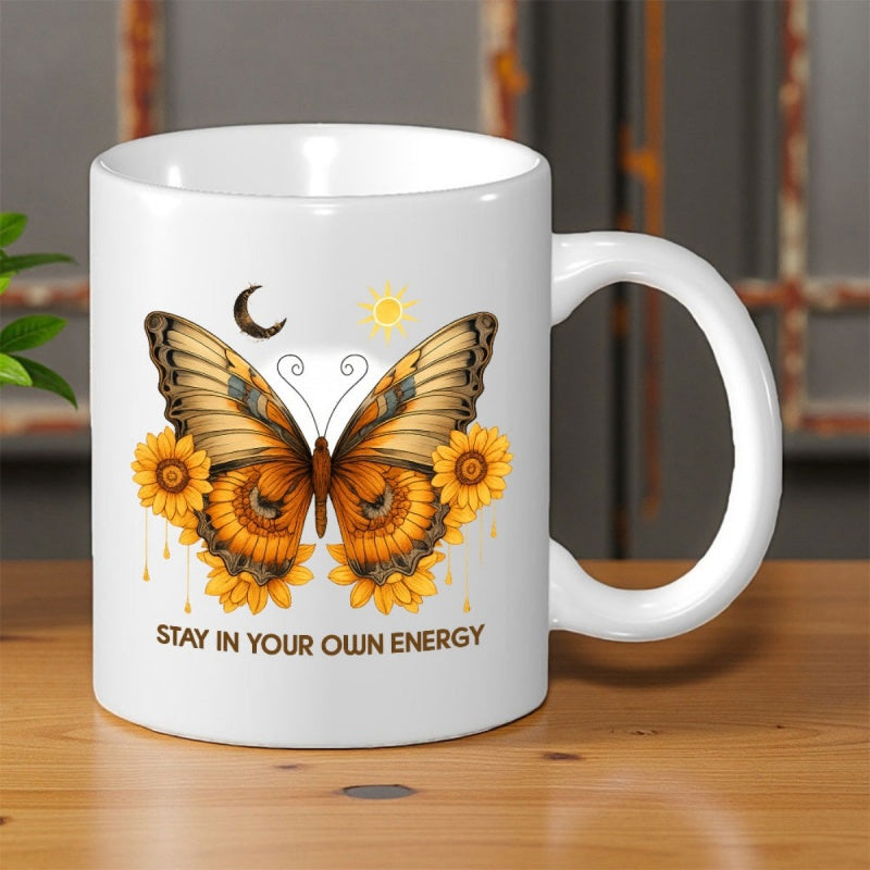 Tailorly White Ceramic 11 oz Mug - Stay In Your Own Energy Golden Sunflowers Blooming Around An Intricate Celestial Sun And Moon Butterfly