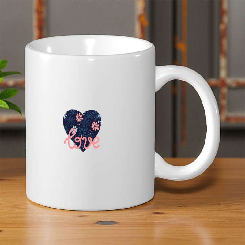 Tailorly White Ceramic 11 oz Mug - Love Elegant Script Over Dark Blue Floral Patterned Decorative Heart