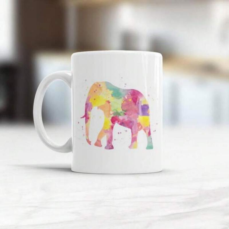 Tailorly White Ceramic 11 oz Mug - Vibrant Colorful Watercolor Splashes Forming An Artistic Silhouette Nature Elephant