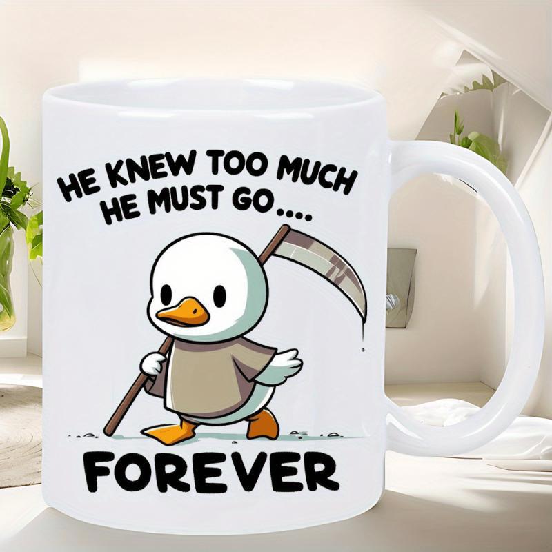 Tailorly White Ceramic 11 oz Mug - He Knew Too Much He Must Go Forever Cute Cartoon Reaper Holding Scythe Wearing Cloak Standing On Ground Duck