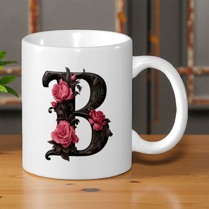 Tailorly White Ceramic 11 oz Mug - B Elegant Gothic Serif Decorated With Vibrant Red Roses And Dark Leaves Letter