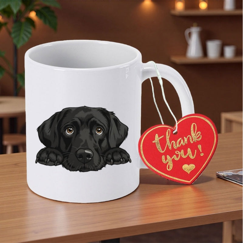 Tailorly White Ceramic 11 oz Mug - Thank You Adorable Loyal Black Labrador Peeking Over Edge With Soft Eyes Dog
