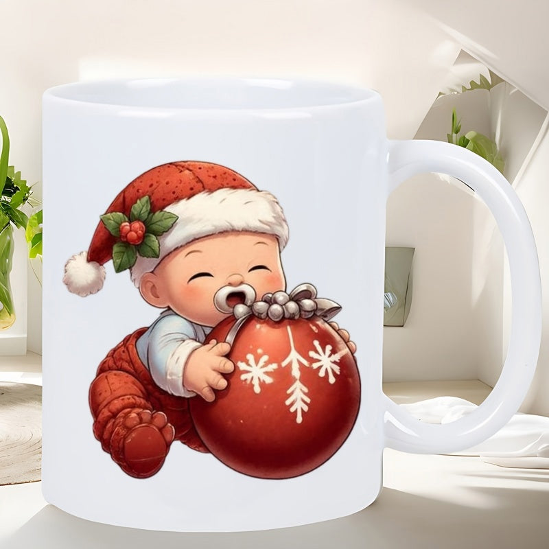 Tailorly White Ceramic 11 oz Mug - Festive Little Infant Wearing Santa Hat Holding Decorative Red Snowflake Ornament Baby