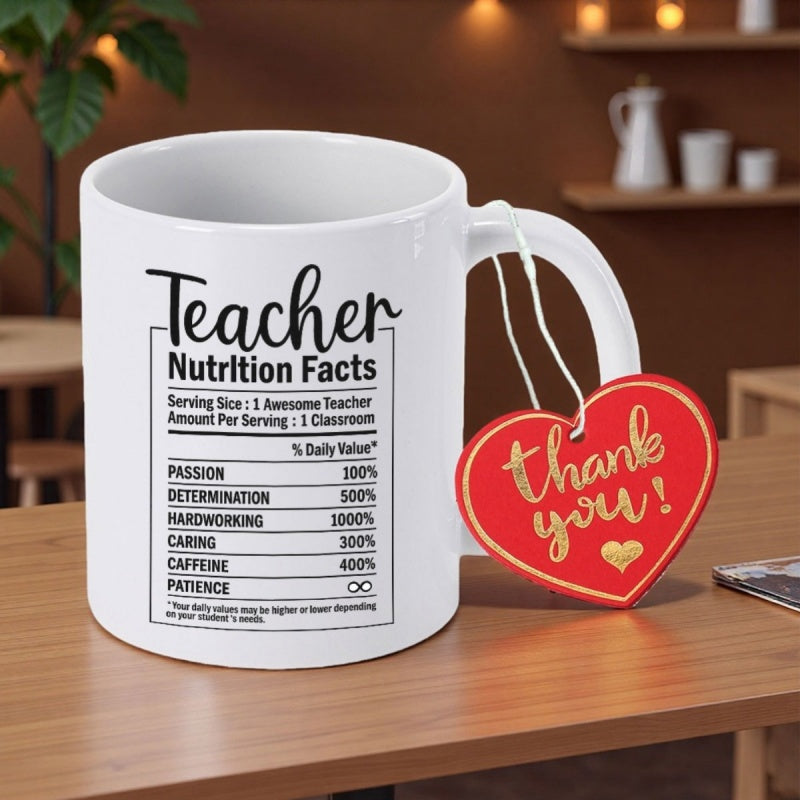 Tailorly White Ceramic 11 oz Mug - Teacher Nutrition Facts Thank You Elegant Featuring Red Heart Shaped Gift Tag Mug