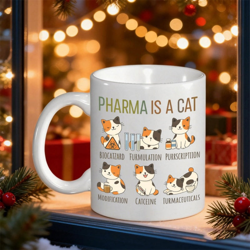 Tailorly White Ceramic 11 oz Mug - Pharma Is A Cat Whimsical Cartoon Calico Kittens Interacting With Science And Medical Tools Cat