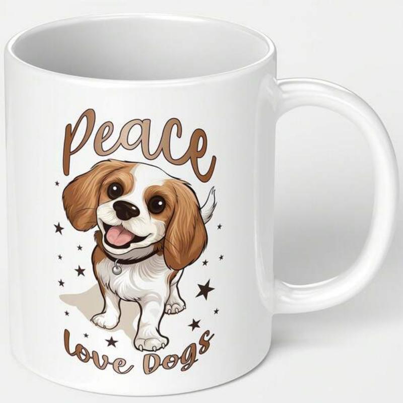Tailorly White Ceramic 11 oz Mug - Peace Love Dogs Cute Smiling Puppy Surrounded By Tiny Black Twinkling Stars Dog