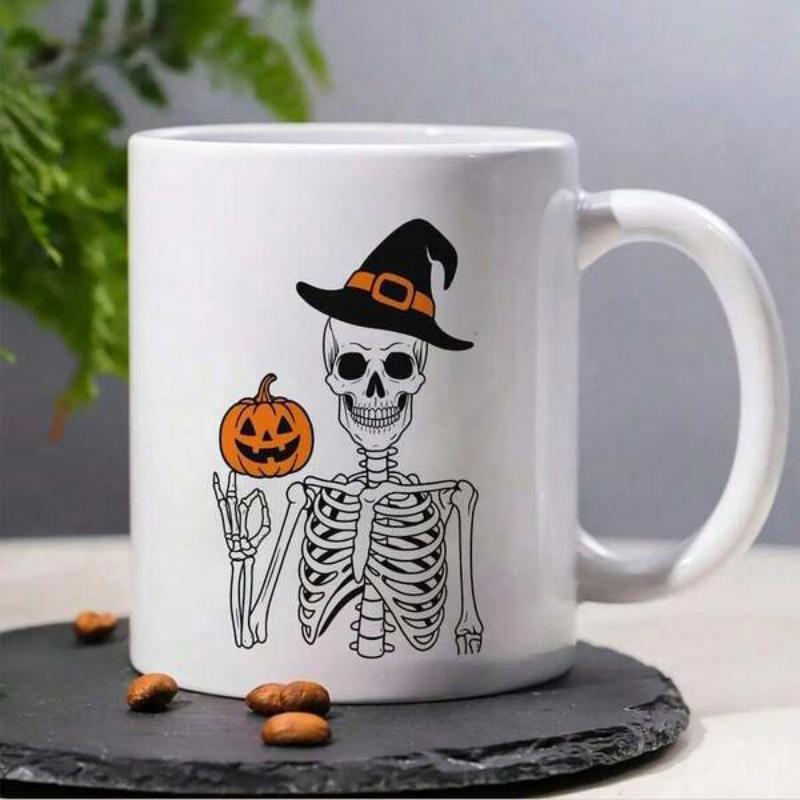 Tailorly White Ceramic 11 oz Mug - Spooky Halloween Design Featuring Witch Hat And Carved Pumpkin Skeleton