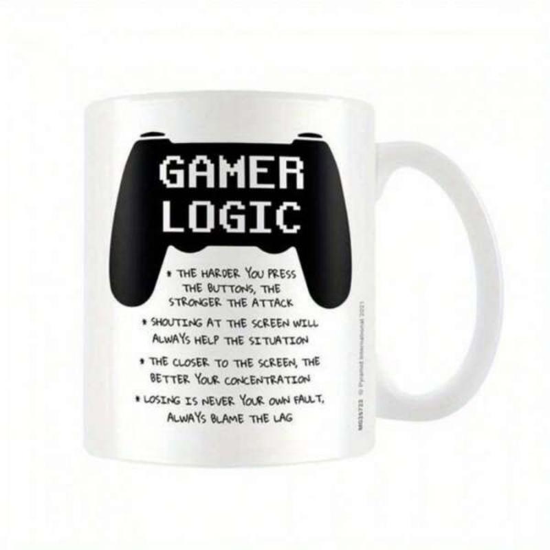 Tailorly White Ceramic 11 oz Mug - Gamer Logic Simple Black Controller Silhouette Featuring Humorous Gaming Text Lines Controller